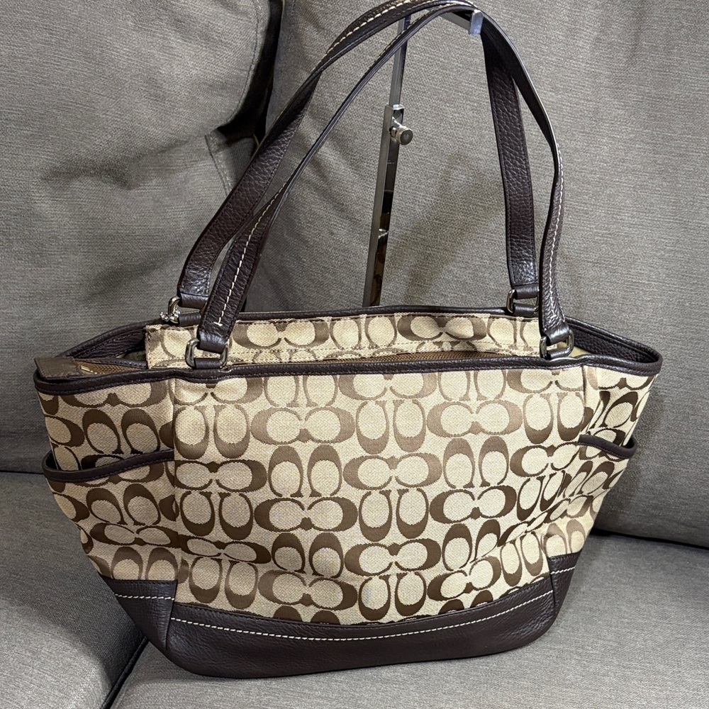 Coach Signature Canvas Tote in Khaki and Brown with Leather Trim - Picture 3 of 10